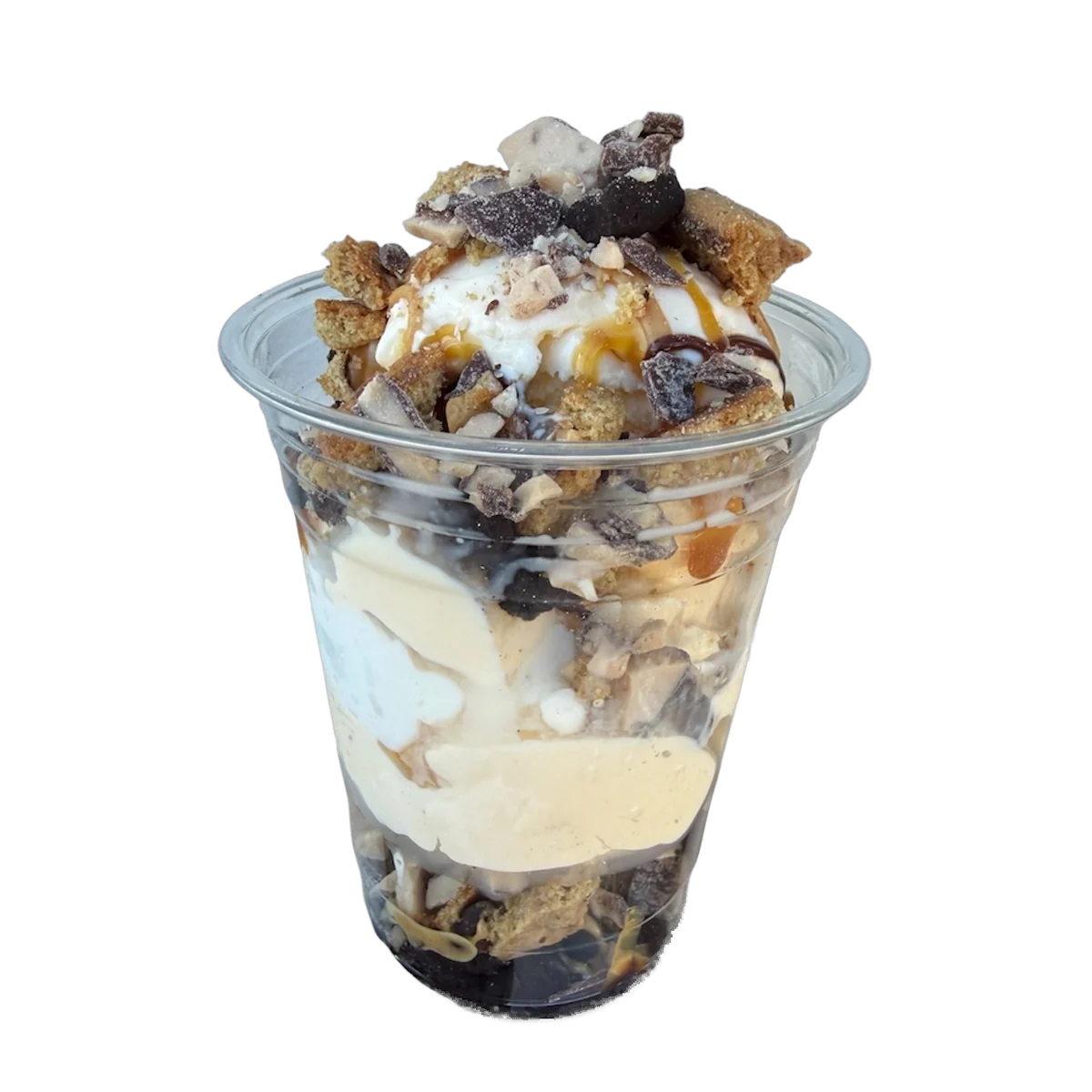 Rougarou Cajun Cup with vanilla ice cream, brownie, chocolate chip cookie, peanut butter, Heath bar, hot fudge, caramel