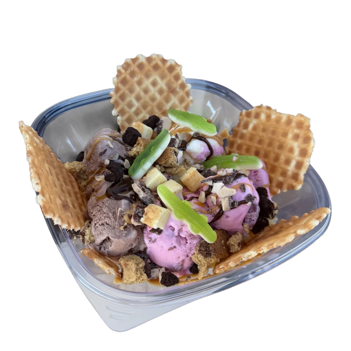 The Swamp ice cream specialty with sauces, toppings, brownie bites, and cookie bites