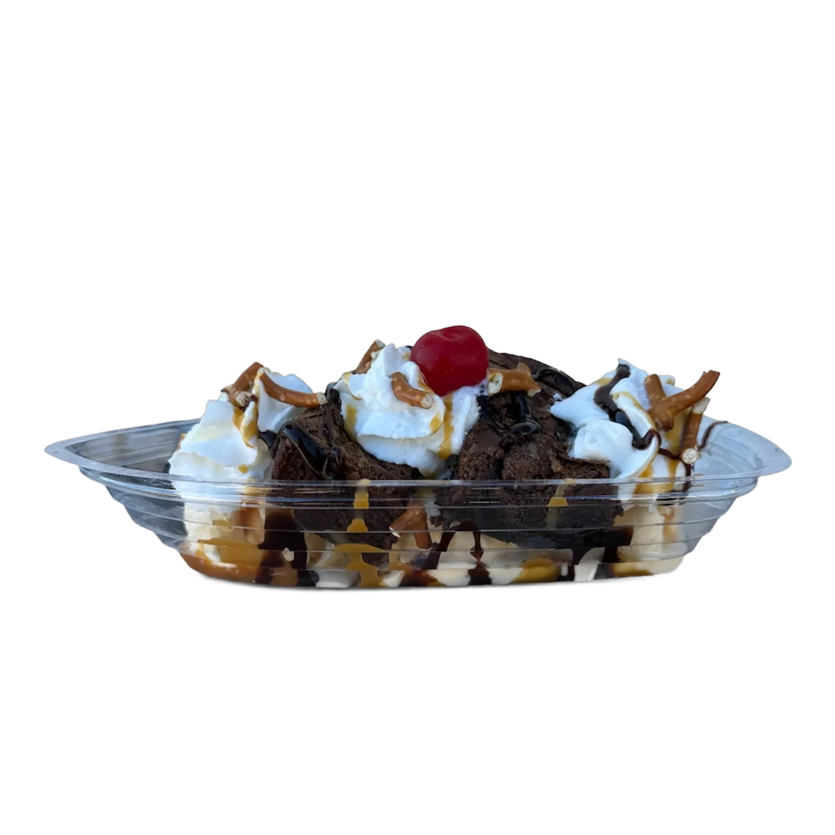 Bayou Brownie Delight with brownie, ice cream, hot fudge, caramel, whipped cream, and a cherry