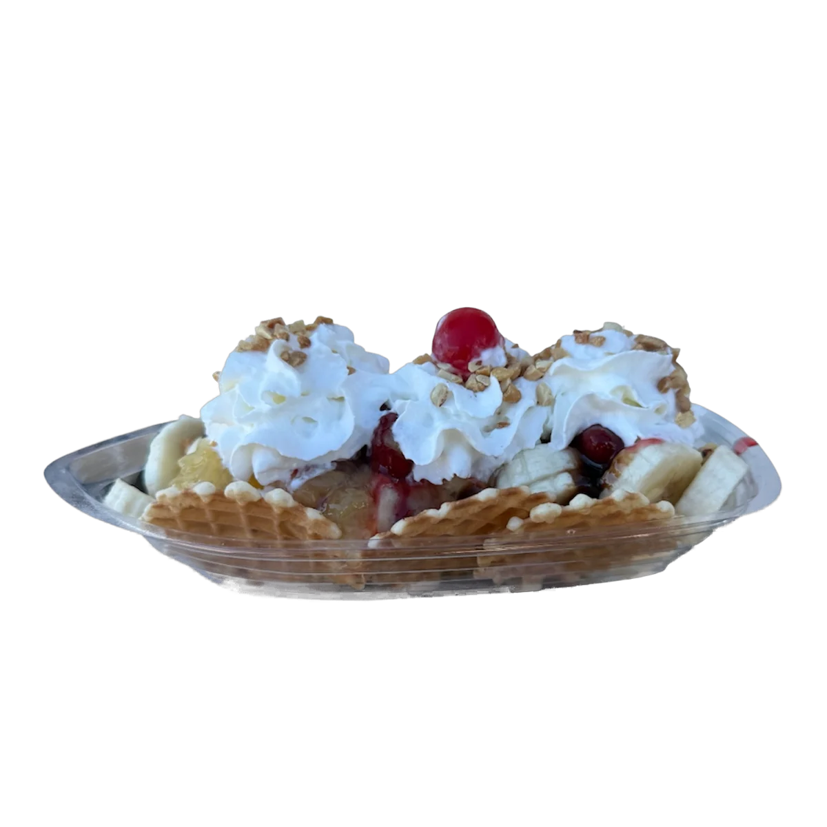 Pirogue Sundae banana split with ice cream and waffle cone chips